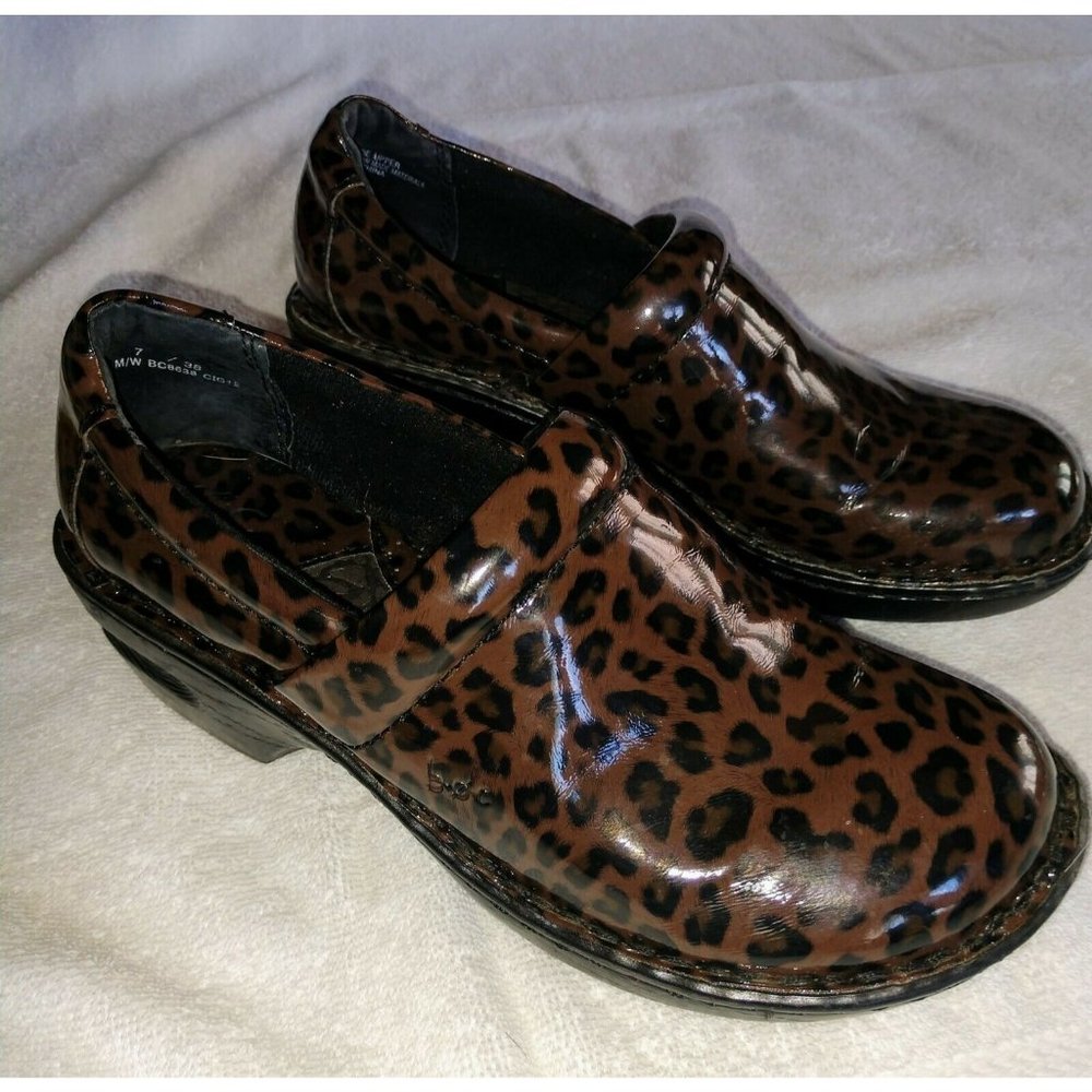 BOC Born Concept Women's Clogs Size 7 M/W Brown Leopard Patent Leather Shoes